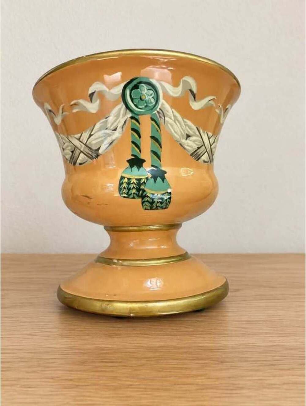 Vintage Ceramic Pedestal Planter with Garland Design
